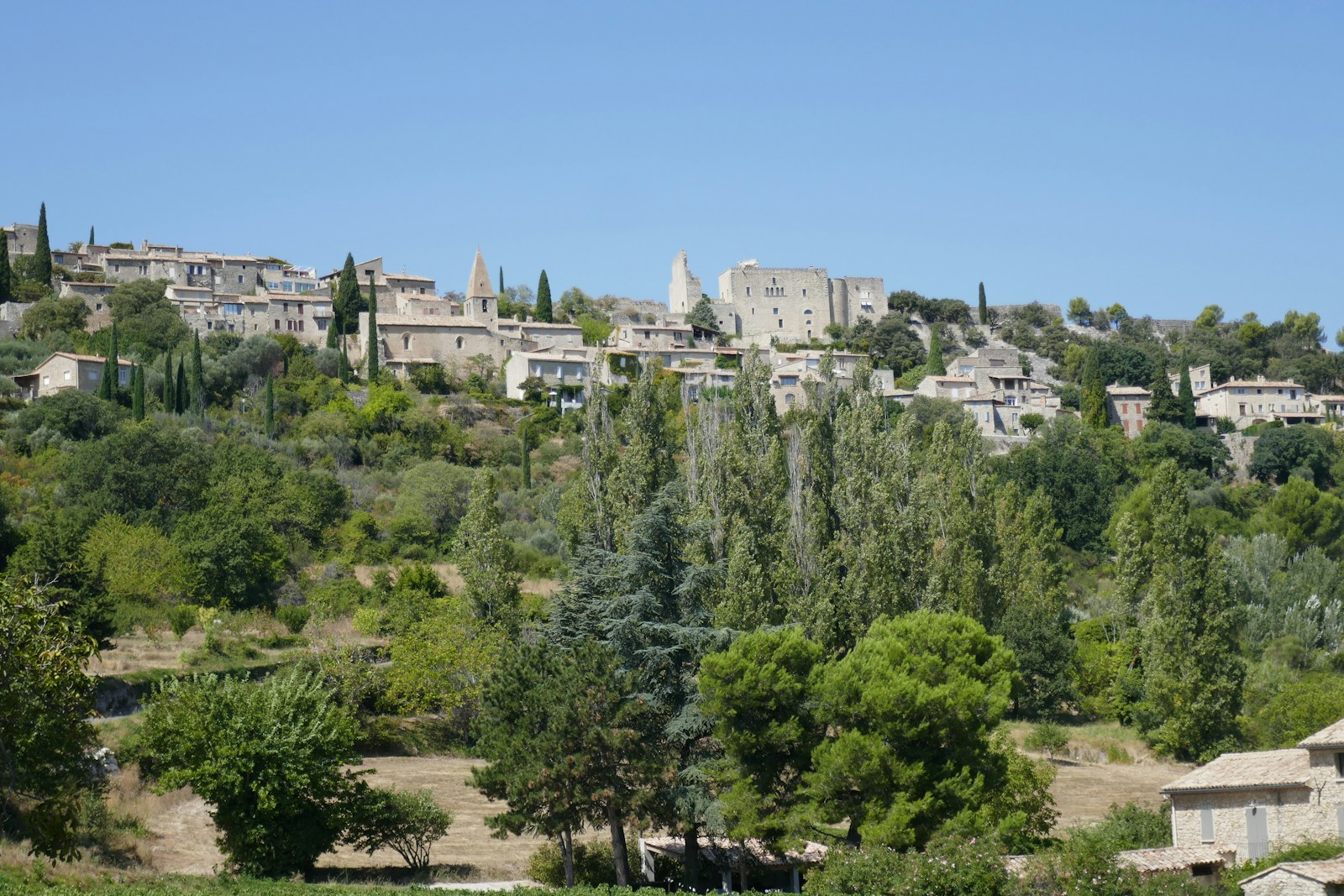 a village on top of a hill surrounded by trees